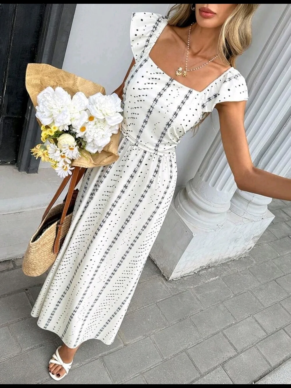 White Square-Neck Maxi Dress with Subtle Stripe Print NWOT - Picture 4 of 4